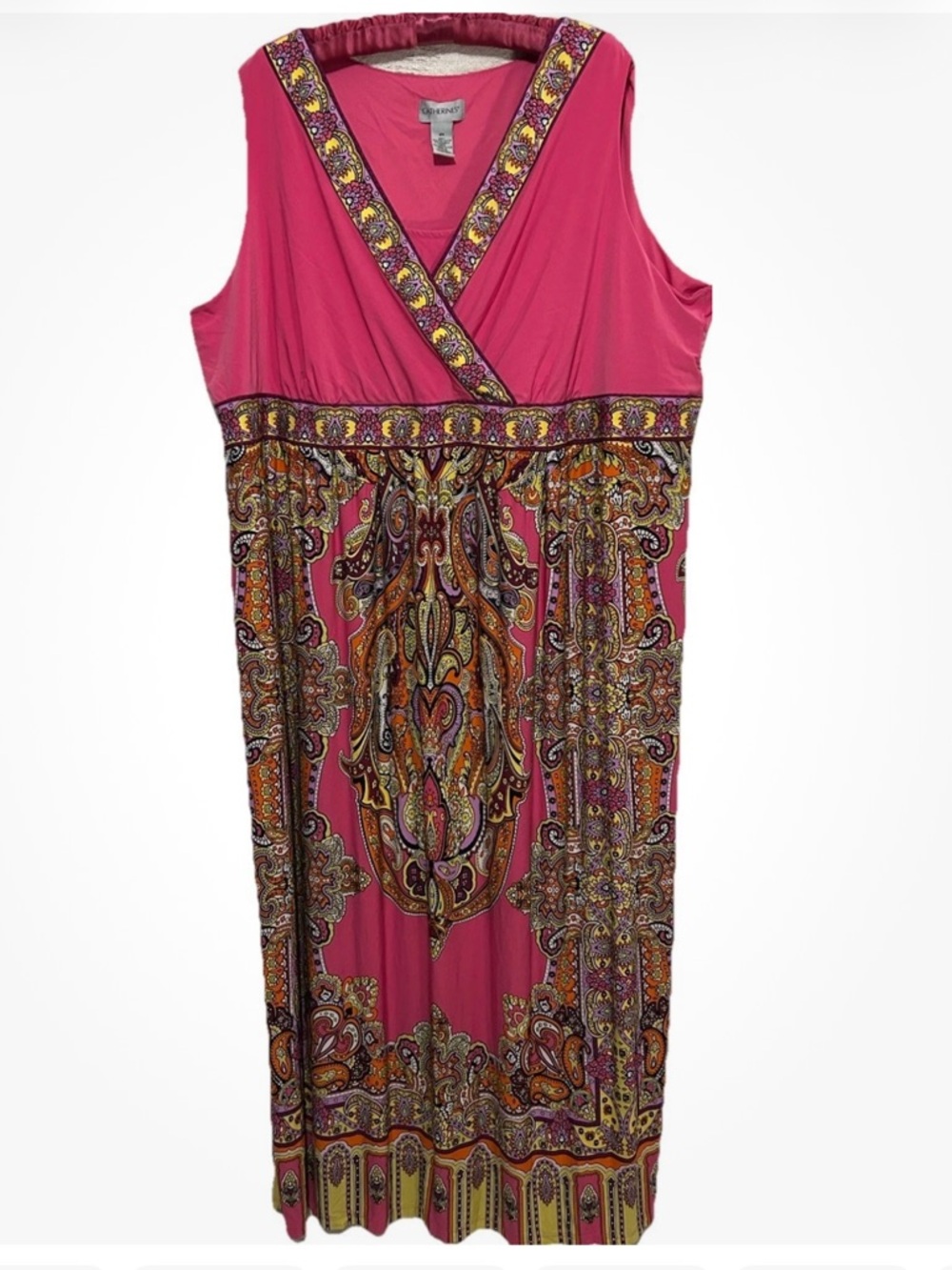 Catherines Dress 4X Boho Pink Paisley Print Stretch Knit Plus Size Maxi Sundress